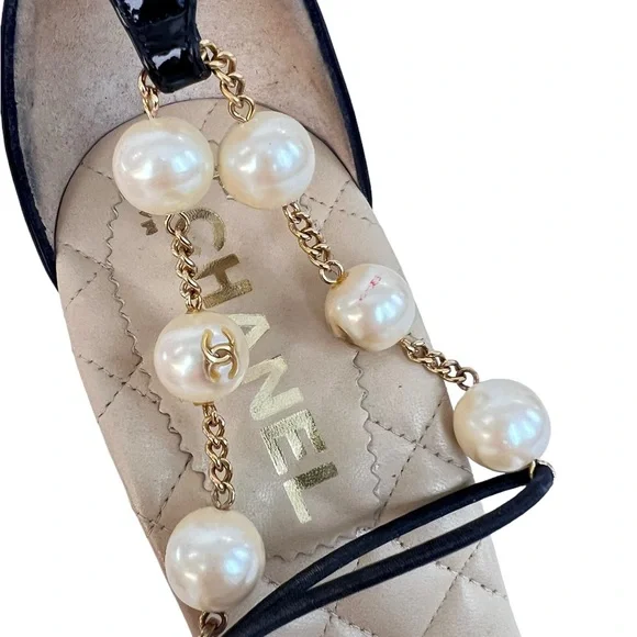 Chanel Beige Pearl Embellished Ankle Strap Heels - Picture 6 of 10